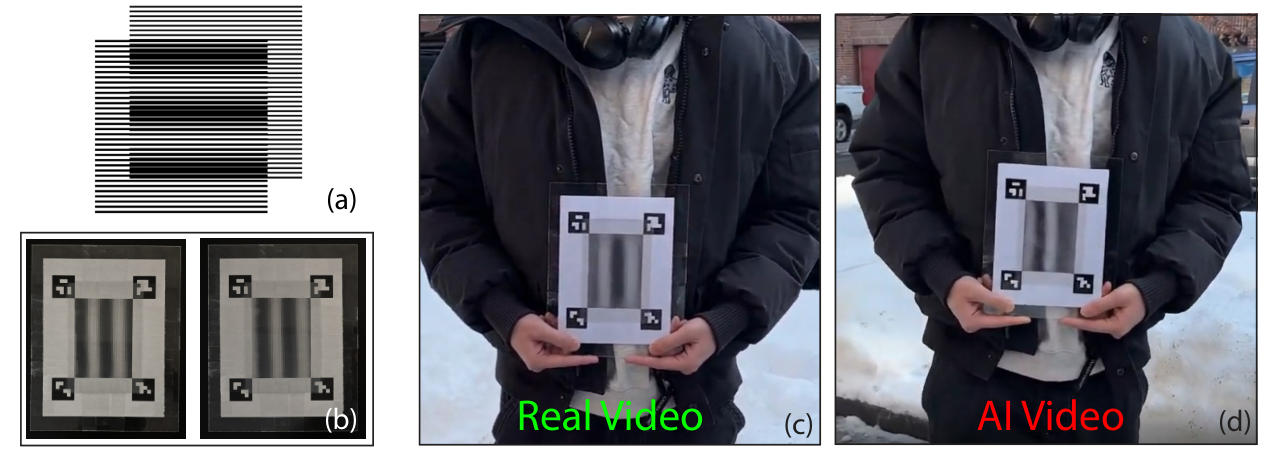 The Moiré effect emerges from two overlaid periodic layers; fringes in real video shift predictably with camera motion, while AI-generated video produces distorted, non-physical fringe shifts.